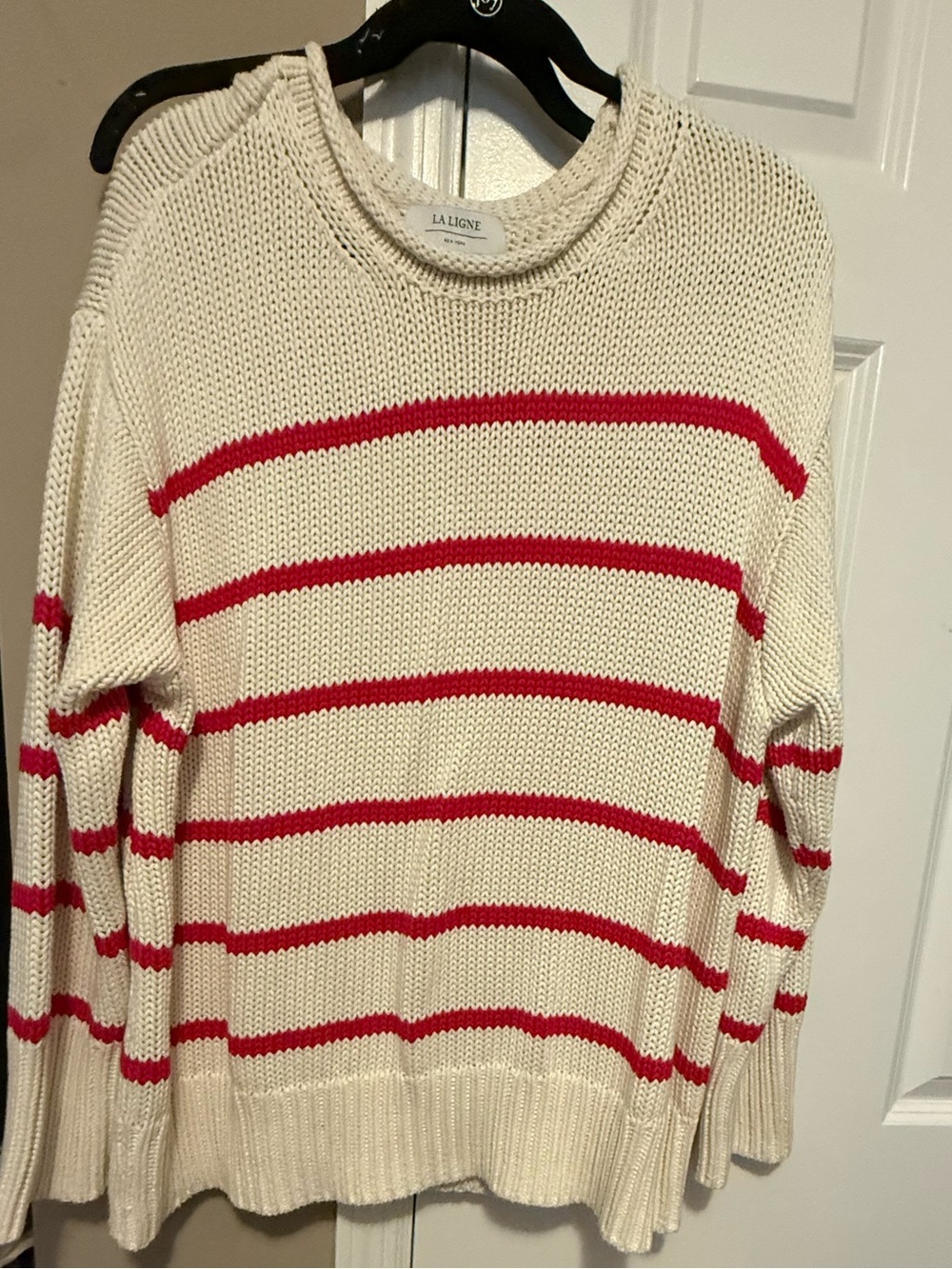 La Ligne Cream & pink  Striped Knit  Cotton Sweater